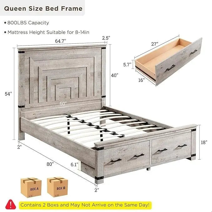Struttura letto matrimoniale in stile rustico con testiera alta 137 cm e 2 ampi cassetti