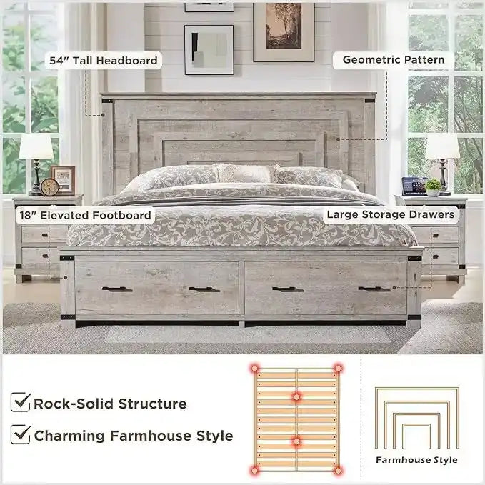 Struttura letto matrimoniale in stile rustico con testiera alta 137 cm e 2 ampi cassetti