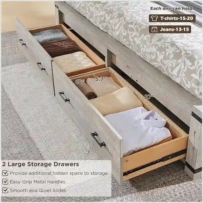 Struttura letto matrimoniale in stile rustico con testiera alta 137 cm e 2 ampi cassetti