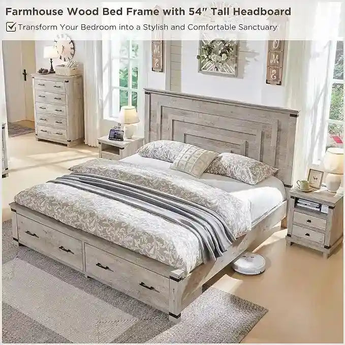 Struttura letto matrimoniale in stile rustico con testiera alta 137 cm e 2 ampi cassetti