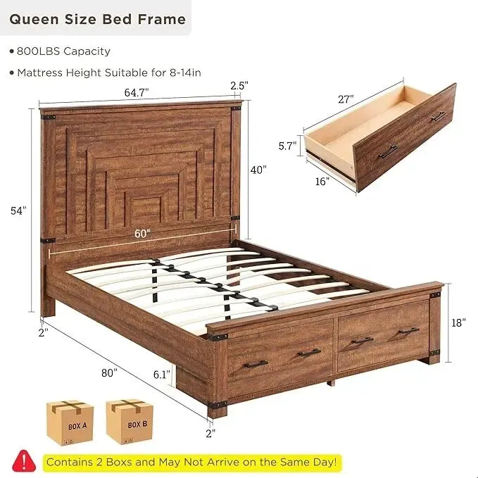 Struttura letto matrimoniale in stile rustico con testiera alta 137 cm e 2 ampi cassetti