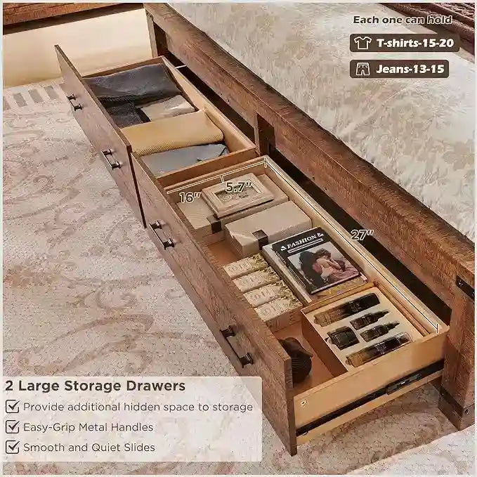 Struttura letto matrimoniale in stile rustico con testiera alta 137 cm e 2 ampi cassetti