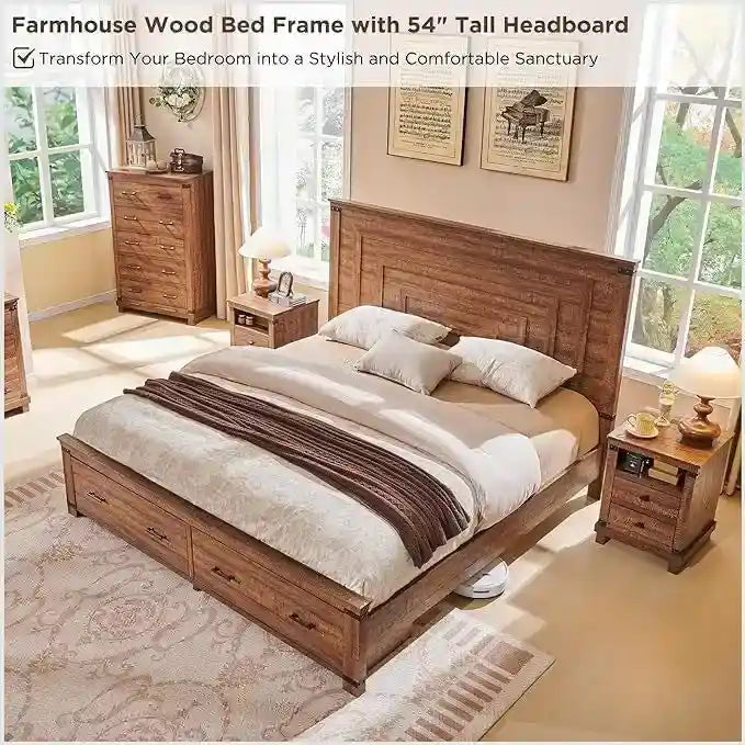 Struttura letto matrimoniale in stile rustico con testiera alta 137 cm e 2 ampi cassetti