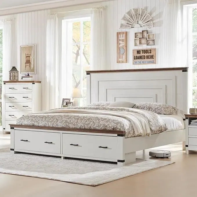 Struttura letto matrimoniale in stile rustico con testiera alta 137 cm e 2 ampi cassetti