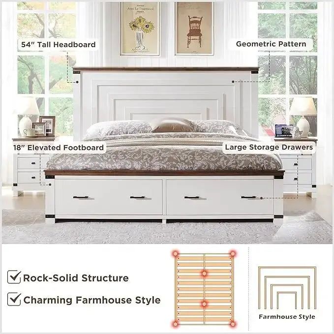 Struttura letto matrimoniale in stile rustico con testiera alta 137 cm e 2 ampi cassetti