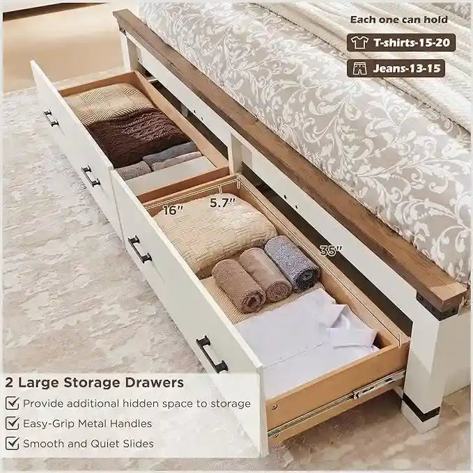 Struttura letto matrimoniale in stile rustico con testiera alta 137 cm e 2 ampi cassetti