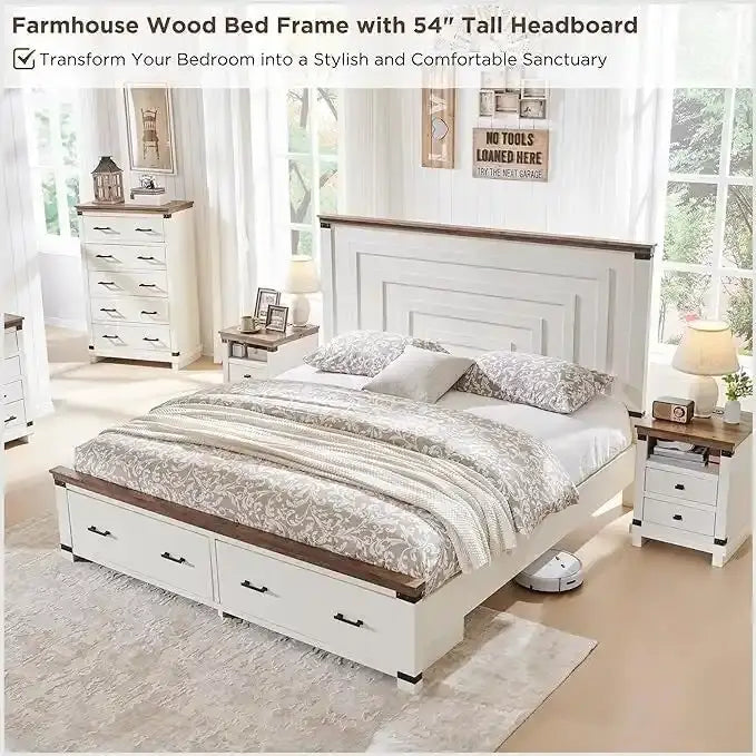 Struttura letto matrimoniale in stile rustico con testiera alta 137 cm e 2 ampi cassetti