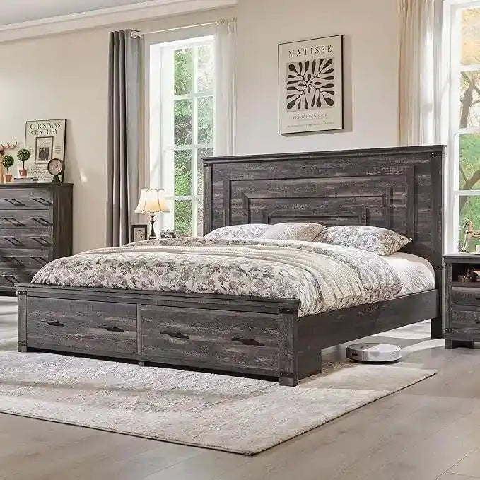 Struttura letto matrimoniale in stile rustico con testiera alta 137 cm e 2 ampi cassetti