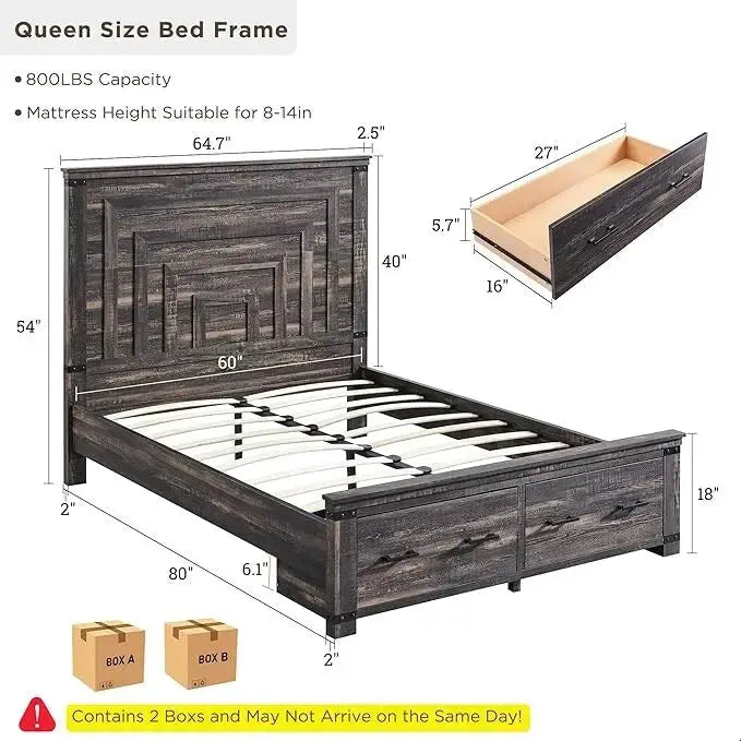 Struttura letto matrimoniale in stile rustico con testiera alta 137 cm e 2 ampi cassetti