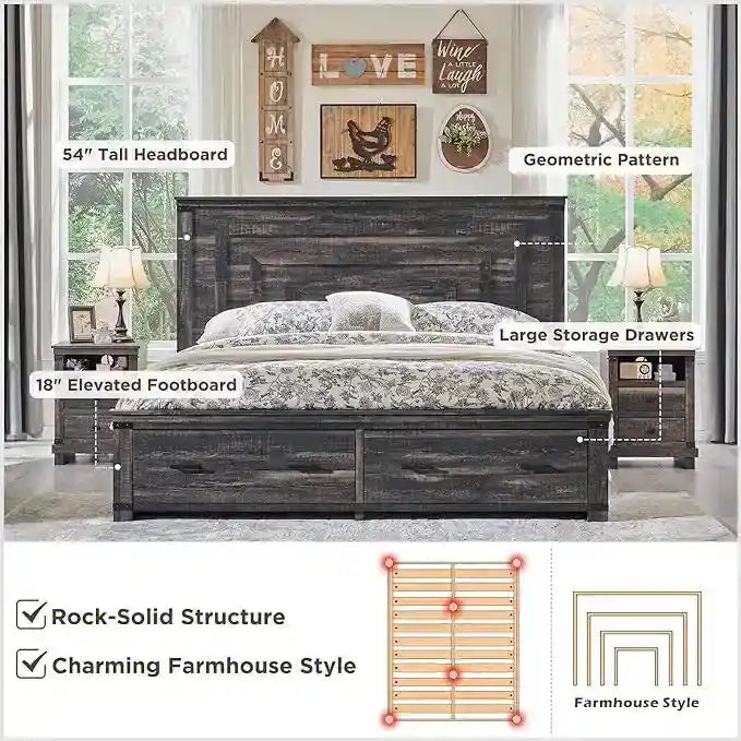 Struttura letto matrimoniale in stile rustico con testiera alta 137 cm e 2 ampi cassetti