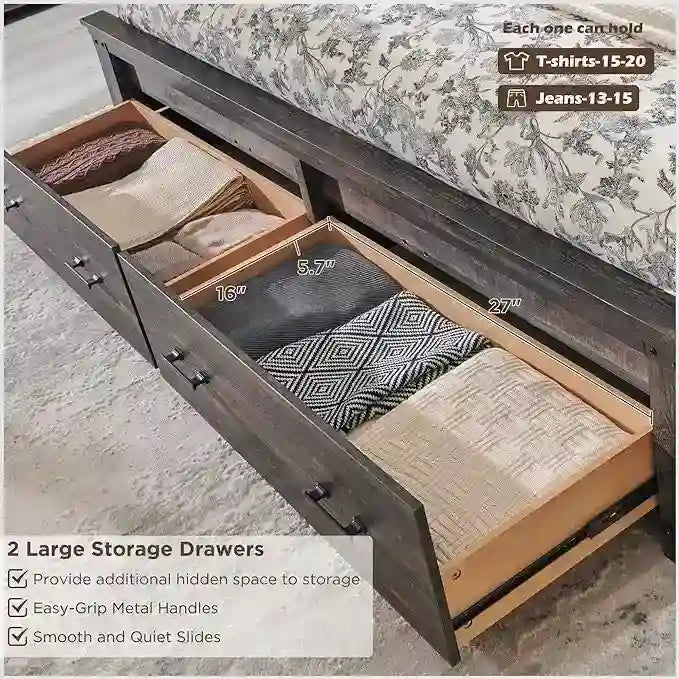 Struttura letto matrimoniale in stile rustico con testiera alta 137 cm e 2 ampi cassetti