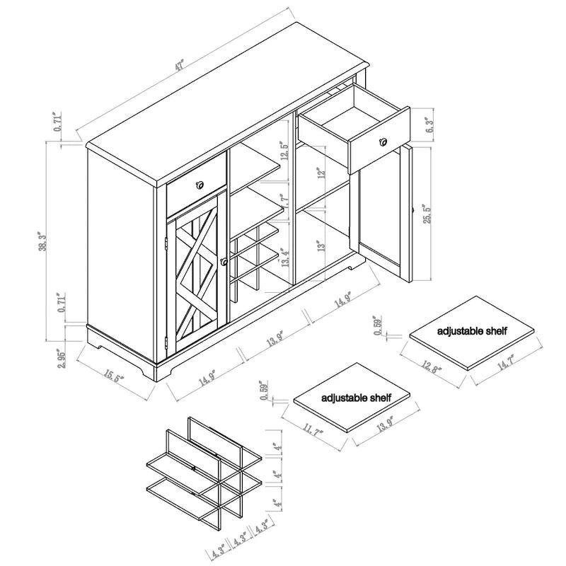Cantinetta portabottiglie moderna con anta a X da 47 pollici con portabottiglie incorporato - Larghezza 47 pollici