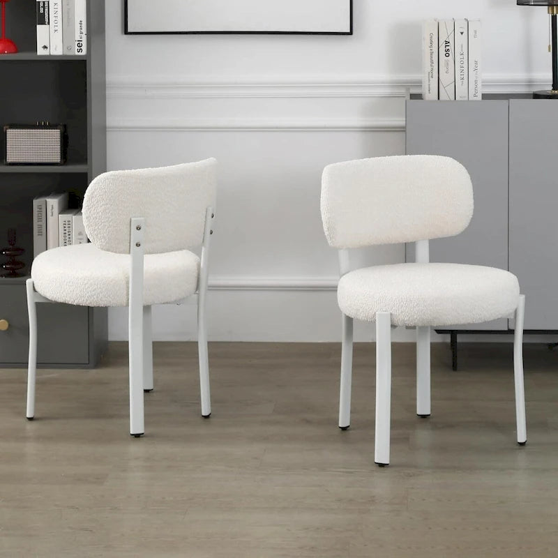 Sedia da pranzo moderna imbottita in Boucle con gambe in metallo bianco – Set da 2