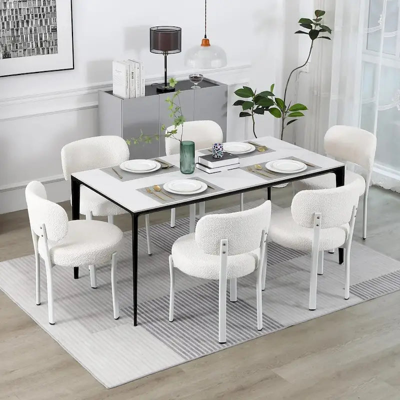 Sedia da pranzo moderna imbottita in Boucle con gambe in metallo bianco – Set da 2