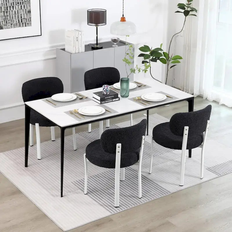 Sedia da pranzo moderna imbottita in Boucle con gambe in metallo bianco – Set da 2