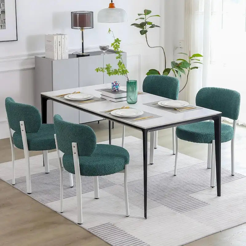 Sedia da pranzo moderna imbottita in Boucle con gambe in metallo bianco – Set da 2