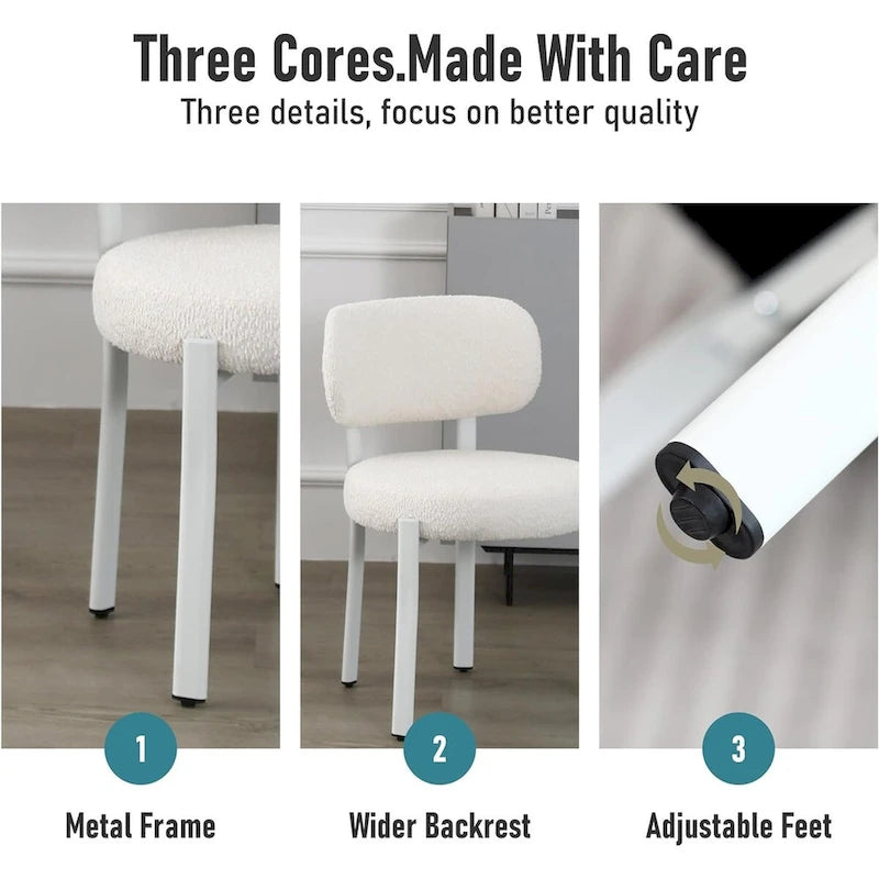 Sedia da pranzo moderna imbottita in Boucle con gambe in metallo bianco – Set da 2