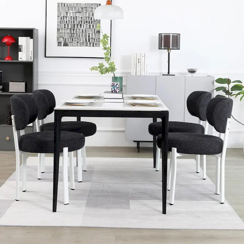 Sedia da pranzo moderna imbottita in Boucle con gambe in metallo bianco – Set da 2
