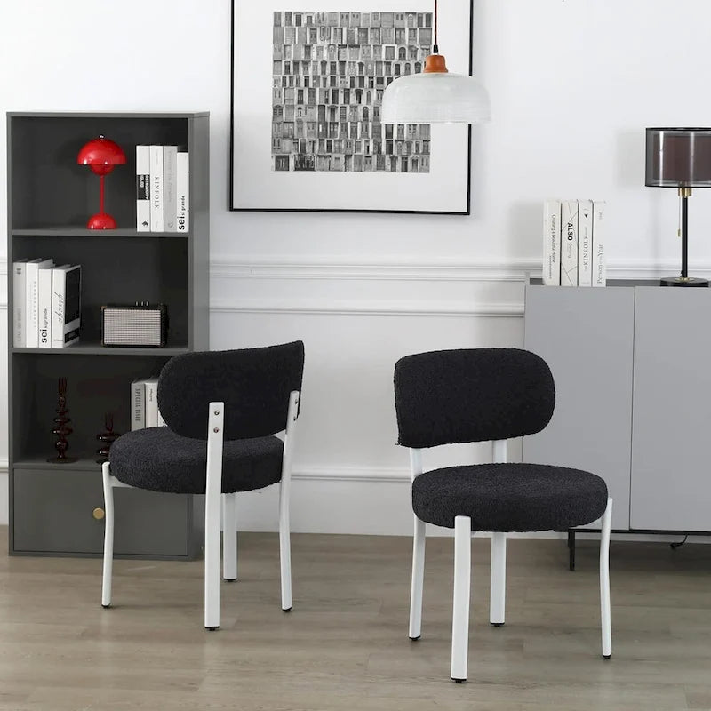 Sedia da pranzo moderna imbottita in Boucle con gambe in metallo bianco – Set da 2