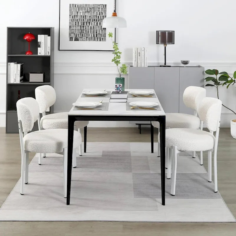 Sedia da pranzo moderna imbottita in Boucle con gambe in metallo bianco – Set da 2